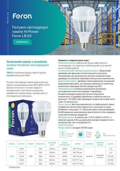 Світлодіодна лампа Feron LB-65 30Вт E27-E40 4000K 25823 фото