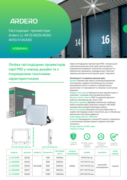 Светодиодный прожектор Ardero LL-4020ARD PRO 20Вт 6500K IP65 80225 фото
