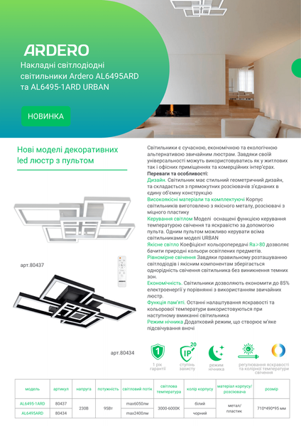 Світлодіодний світильник Ardero AL6495-1ARD URBAN W 95Вт білий 80437 фото