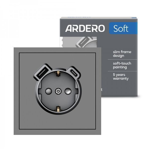 Розетка із заземленням 16А із USB-A 18W та Type-C 20W, механізм Soft ER123USB-G сірий 80776 фото