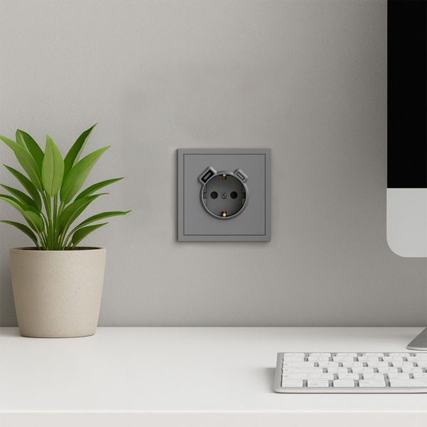 Розетка із заземленням 16А із USB-A 18W та Type-C 20W, механізм Soft ER123USB-G сірий 80776 фото
